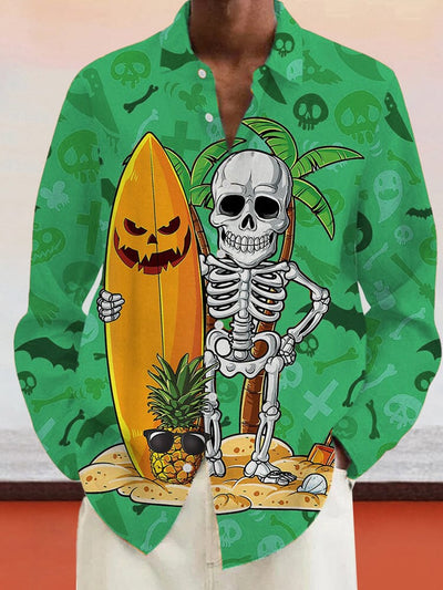 Skull Surfing Graphic Cotton Linen Shirt Shirts coofandy Green S 
