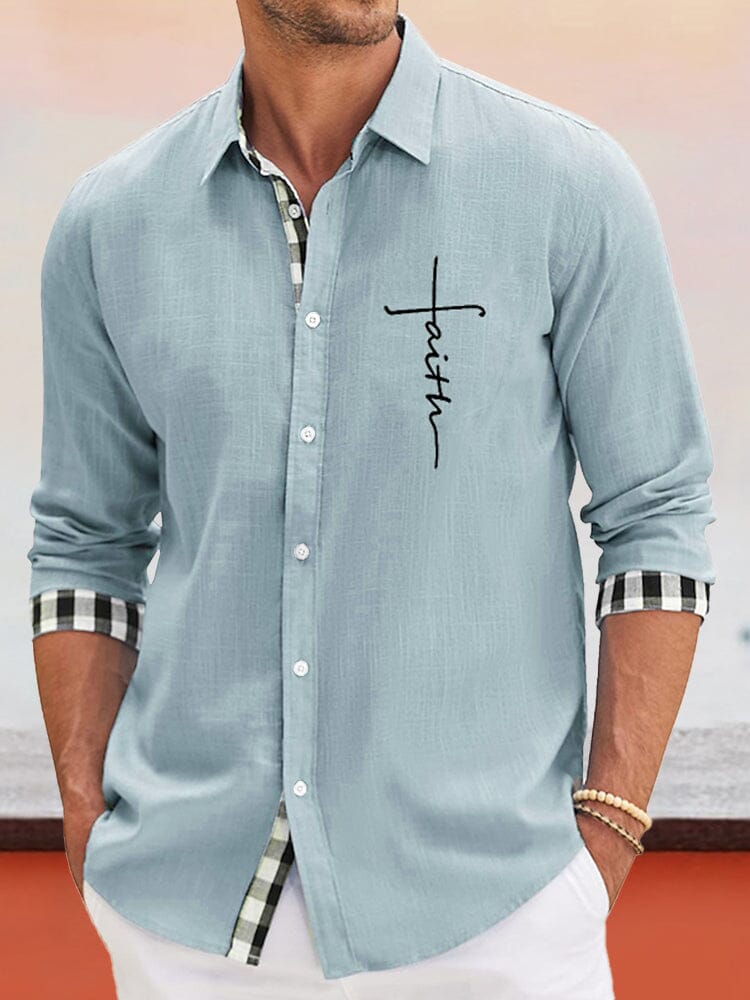 Classic Plaid Splicing Cotton Linen Shirt Shirts coofandy Clear Blue S 