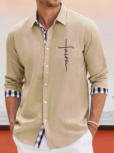 Classic Plaid Splicing Cotton Linen Shirt Shirts coofandy Khaki S 