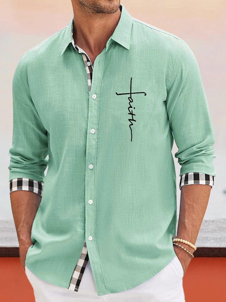 Classic Plaid Splicing Cotton Linen Shirt Shirts coofandy Light Green S 