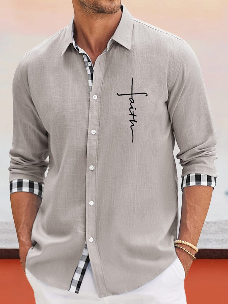 Classic Plaid Splicing Cotton Linen Shirt Shirts coofandy Light Grey S 