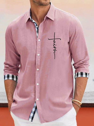 Classic Plaid Splicing Cotton Linen Shirt Shirts coofandy Pink S 