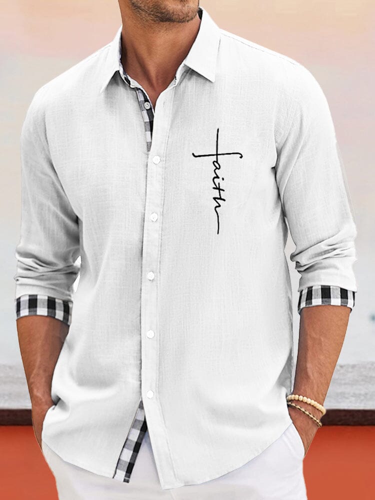 Classic Plaid Splicing Cotton Linen Shirt Shirts coofandy White S 