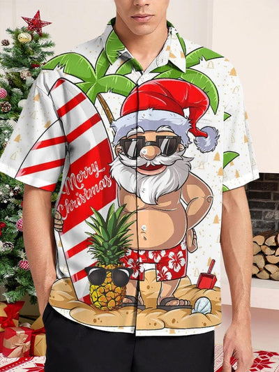 Funny Santa Claus Print Cotton Linen Shirt Shirts coofandy PAT3 S 