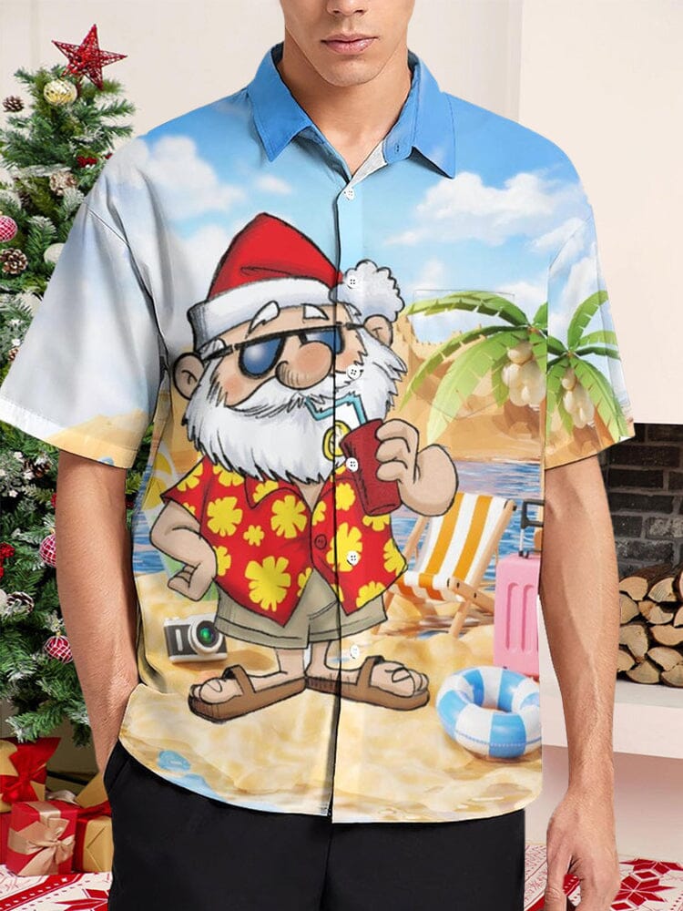 Funny Santa Claus Print Cotton Linen Shirt Shirts coofandy PAT4 S 