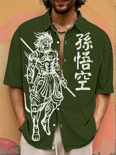 Vintage Wukong Graphic Cotton Shirt T-shirt coofandy Army Green S 