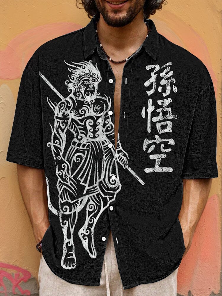 Vintage Wukong Graphic Cotton Shirt T-shirt coofandy Black S 