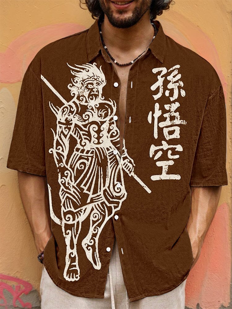 Vintage Wukong Graphic Cotton Shirt T-shirt coofandy Brown S 