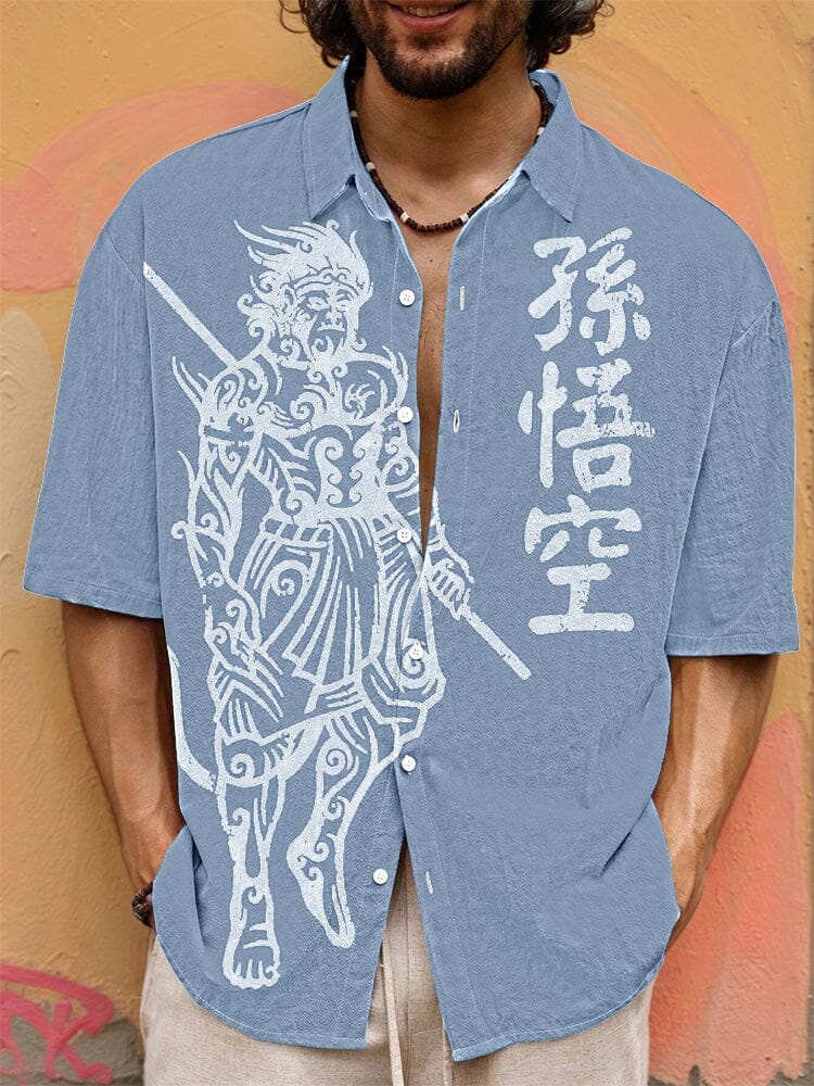 Vintage Wukong Graphic Cotton Shirt T-shirt coofandy Clear Blue S 