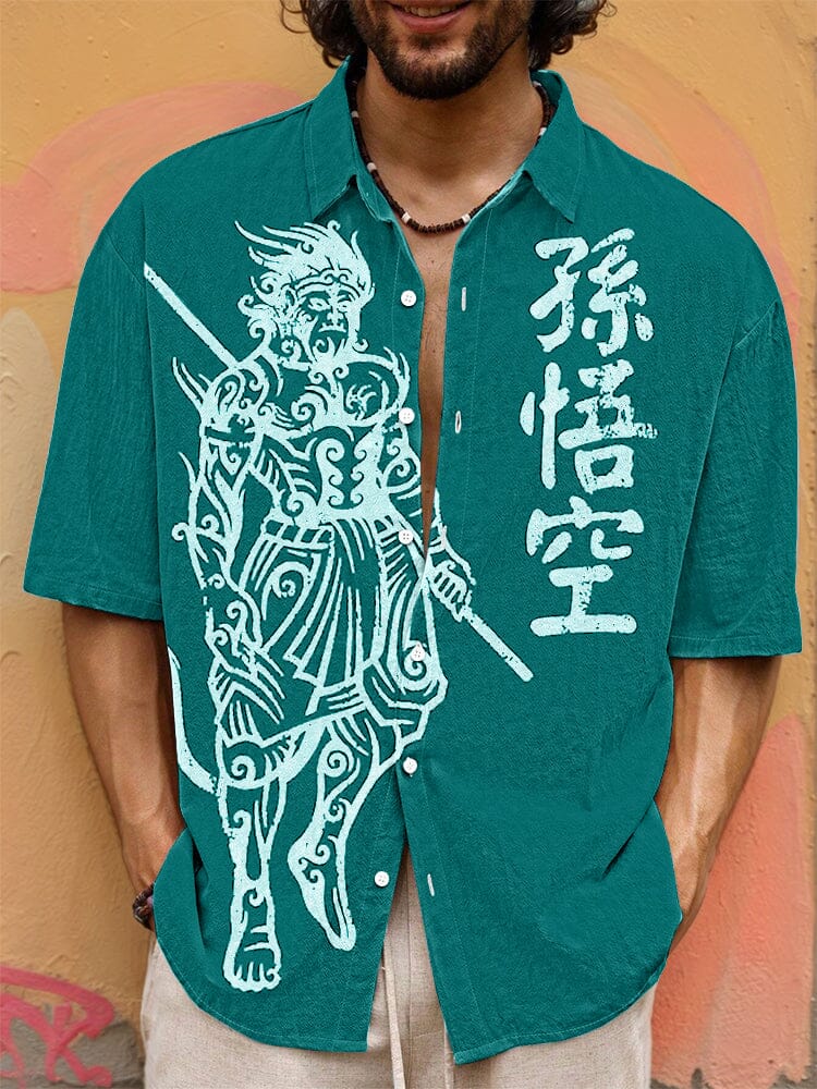 Vintage Wukong Graphic Cotton Shirt T-shirt coofandy Peacock Blue S 