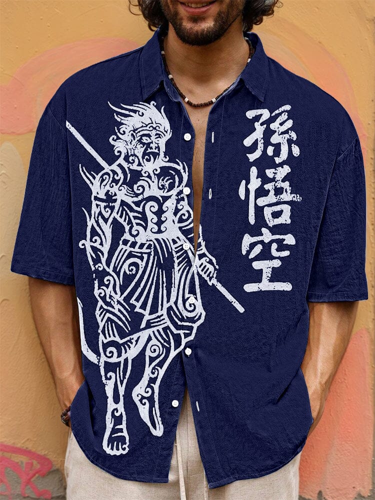 Vintage Wukong Graphic Cotton Shirt T-shirt coofandy Navy Blue S 