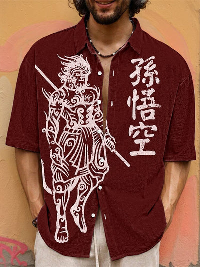 Vintage Wukong Graphic Cotton Shirt T-shirt coofandy Wine Red S 