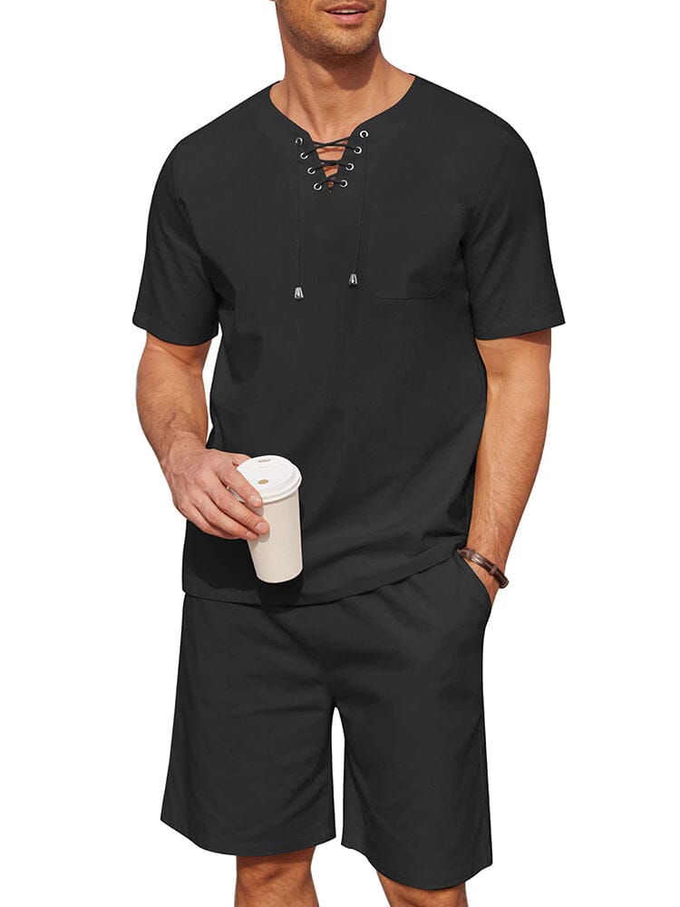Casual Cotton Linen Lace Up Shirt Set (US Only) Sets coofandy Black S 