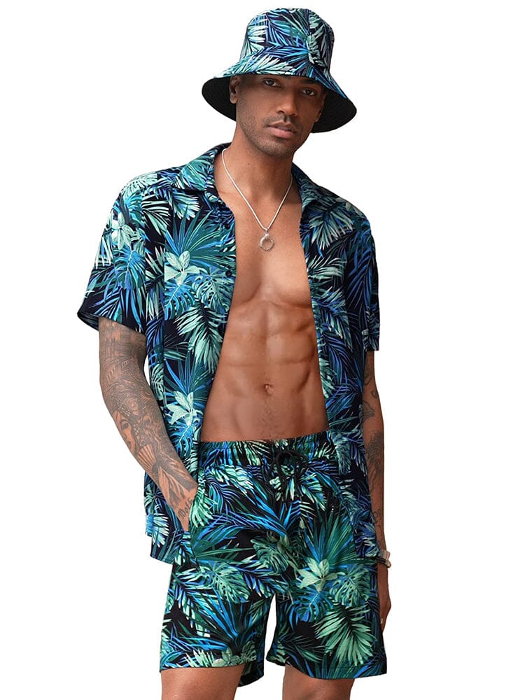 Hawaiian Beach Sets with Bucket Hat (US Only) Sets coofandy Blue Leaves S 