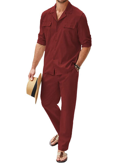 Cozy Cotton Linen Shirt Sets (US Only) Sets coofandy Dark Red S 