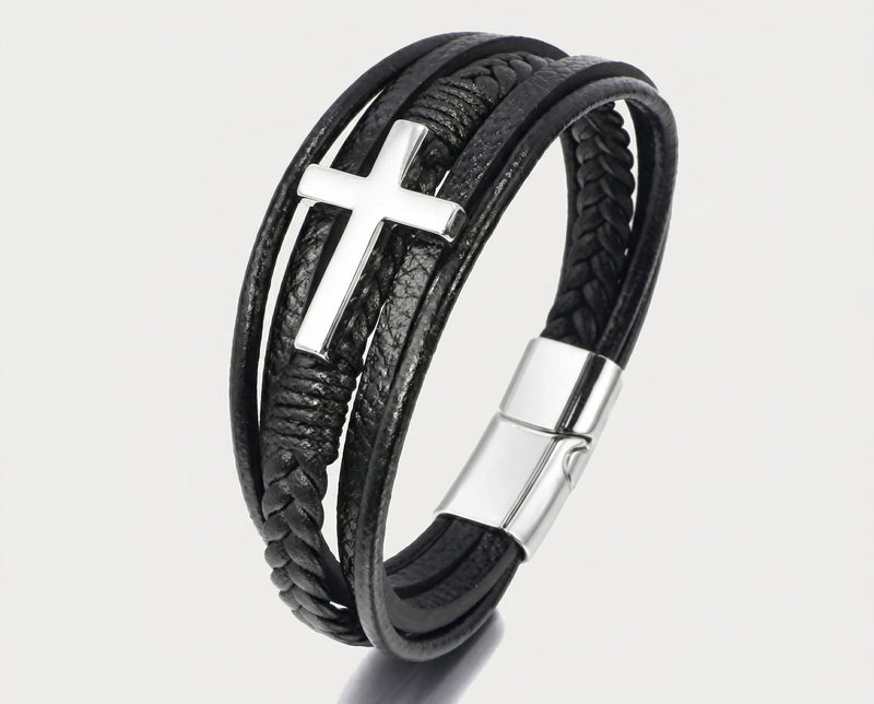 Multi-Layer Braided Leather Cross Bracelet