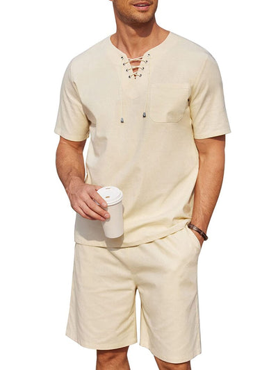 Casual Cotton Linen Lace Up Shirt Set (US Only) Sets coofandy Khaki S 