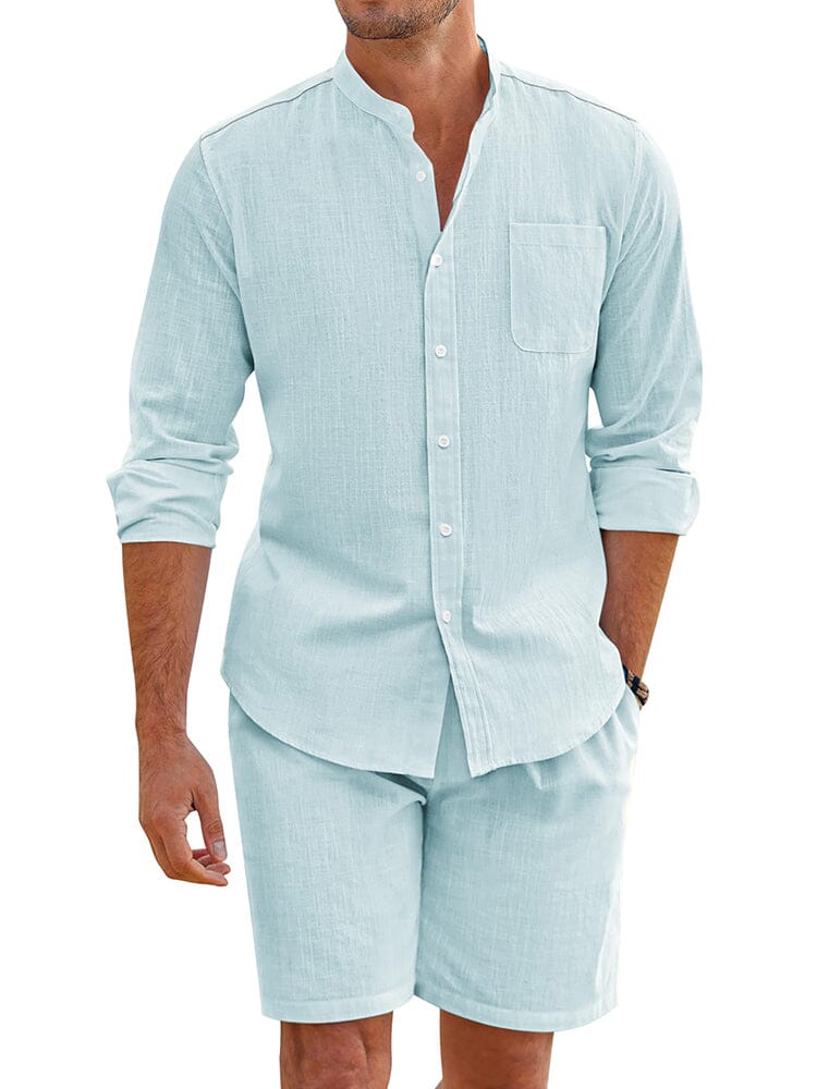Casual 100% Cotton Beach Shirt Sets (US Only) Beach Sets coofandy Light Blue S 
