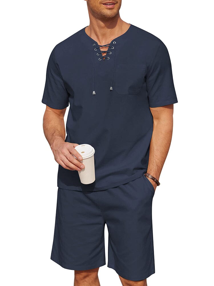 Casual Cotton Linen Lace Up Shirt Set (US Only) Sets coofandy Navy Blue S 