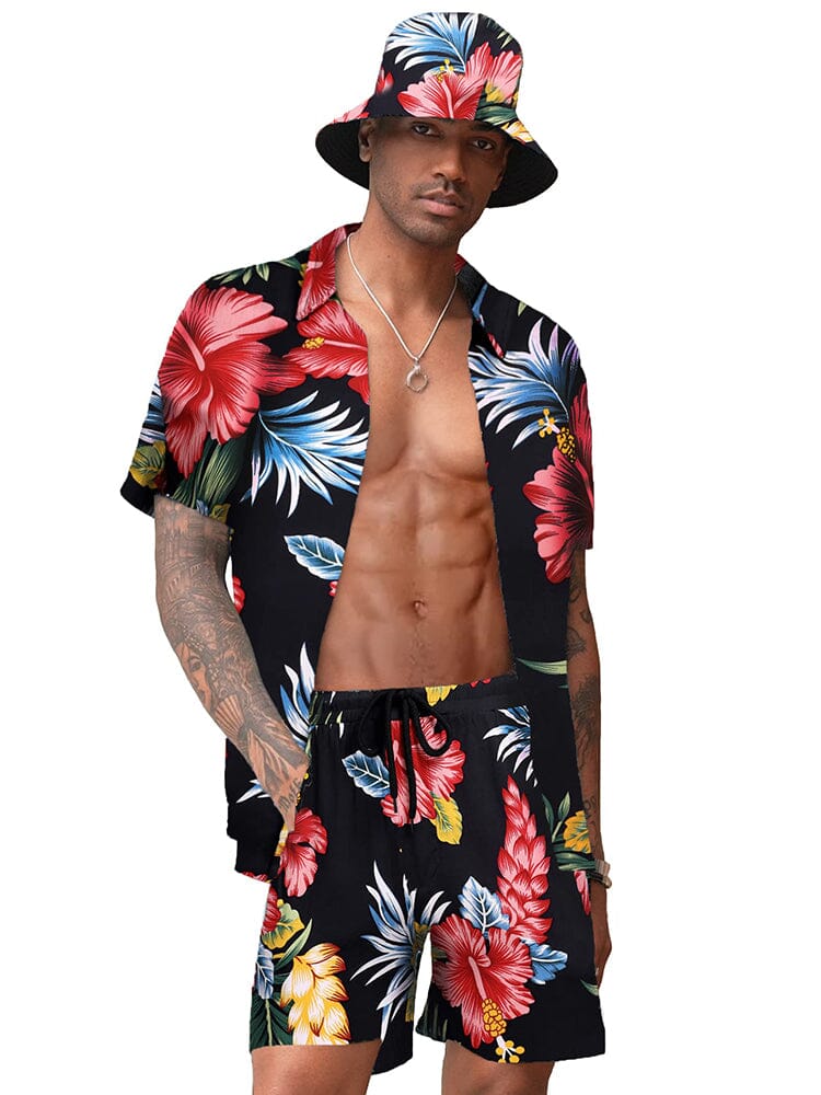Hawaiian Beach Sets with Bucket Hat (US Only) Sets coofandy Navy Red S 