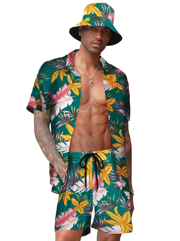 Hawaiian Beach Sets with Bucket Hat (US Only) Sets coofandy Olive Green S 