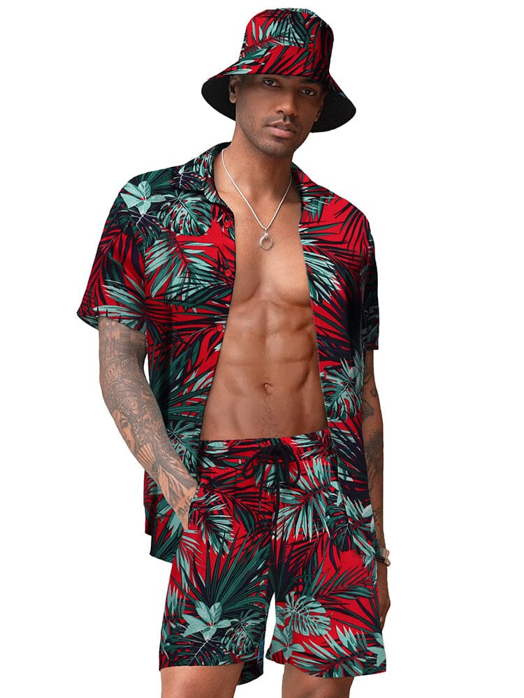 Hawaiian Beach Sets with Bucket Hat (US Only) Sets coofandy Red Leaves S 