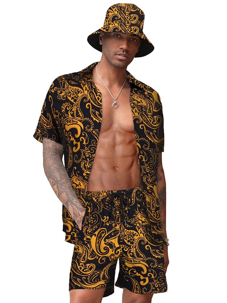 Hawaiian Beach Sets with Bucket Hat (US Only) Sets coofandy Yellow Paisley S 