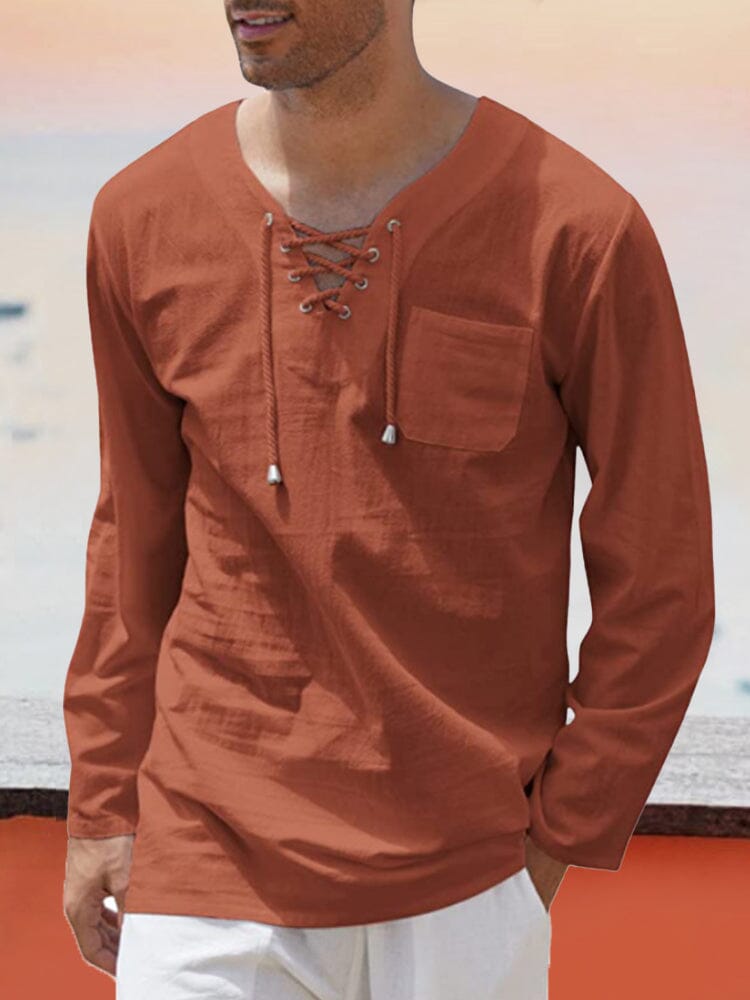 v neck cotton style shirt with pocket Shirts coofandy Brick S 
