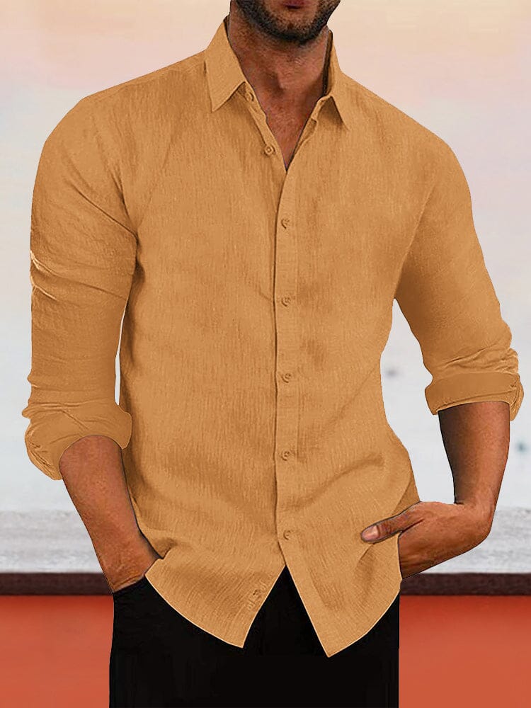 Casual Linen Style Button Long Sleeves shirt Shirts coofandystore Khaki M 