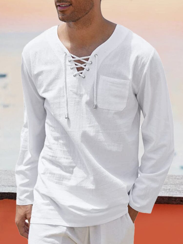 v neck cotton style shirt with pocket Shirts coofandy White S 