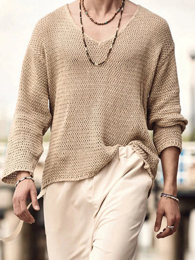 Solid Color V-Neck Sweater coofandystore Khaki S 