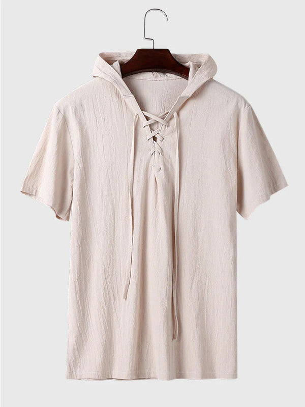 Short Sleeve Tie Hooded Shirt coofandystore Khaki S 