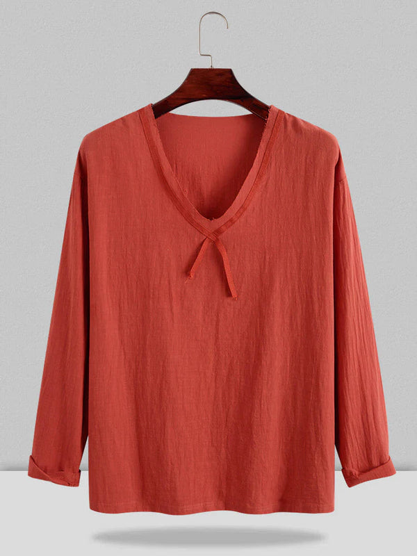 Linen Style V-neck Long-sleeved Shirt coofandystore Orange M 