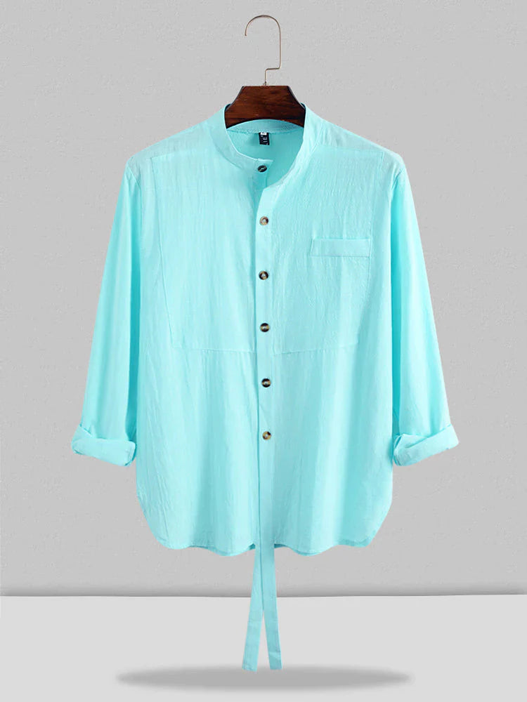 Stand Collar Linen Style Long Sleeve Shirt coofandystore Sky Blue M 
