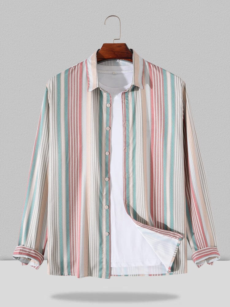Vintage Stripe Print Long Sleeve Shirt coofandystore Khaki S 