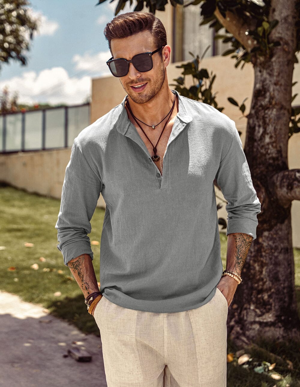 Coofandy Linen Style Collar Long-sleeved Shirt Shirts coofandy Grey M 