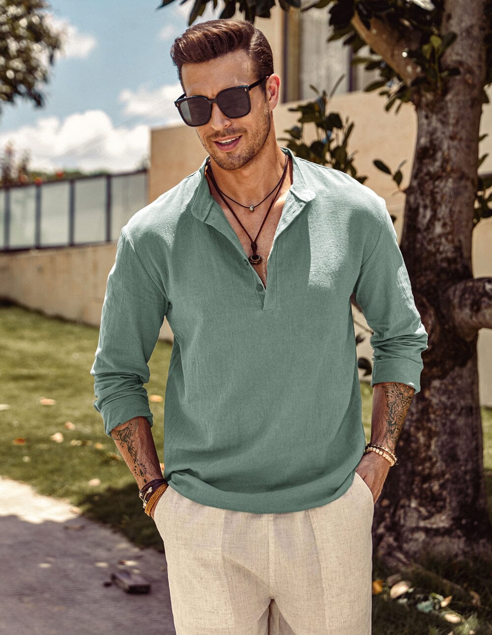 Coofandy Linen Style Collar Long-sleeved Shirt Shirts coofandy Green M 