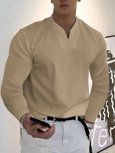 Loose V Neck Long Sleeves Shirt T-Shirt coofandy Khaki S 