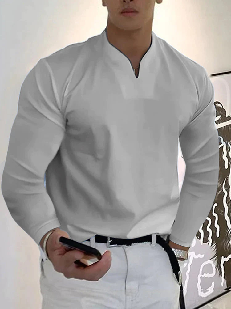 Loose V Neck Long Sleeves Shirt T-Shirt coofandy Light Grey S 
