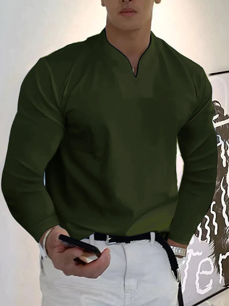 Loose V Neck Long Sleeves Shirt T-Shirt coofandy Army Green S 