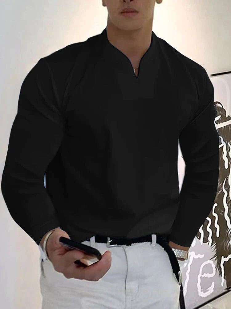 Loose V Neck Long Sleeves Shirt T-Shirt coofandy Black S 