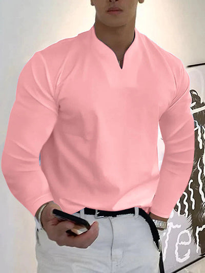 Loose V Neck Long Sleeves Shirt T-Shirt coofandy Pink S 