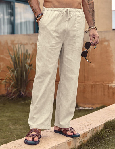 COOFANDY Men's Casual Linen Pants Elastic Waist Drawstring Beach