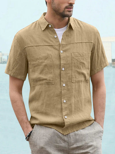 Linen Style Short Sleeve Two Pocket Shirt coofandystore Khaki S 