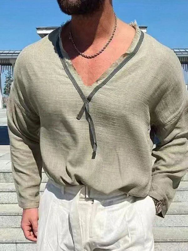Linen Style V-neck long-sleeved shirt Shirts coofandystore Khaki M 