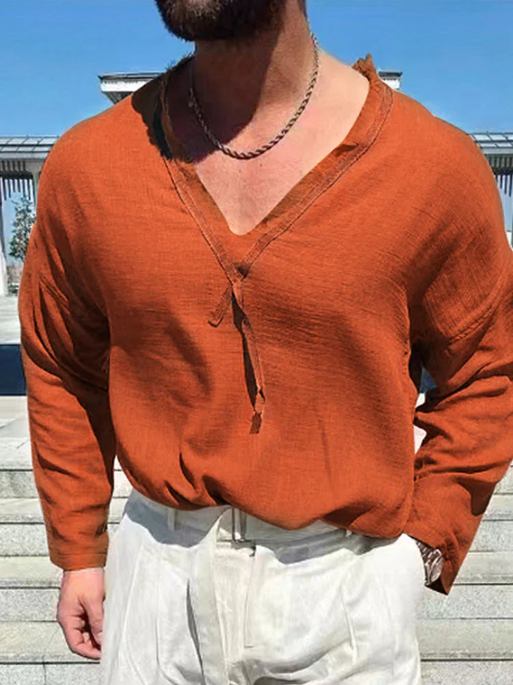 Linen Style V-neck long-sleeved shirt Shirts coofandystore Orange M 