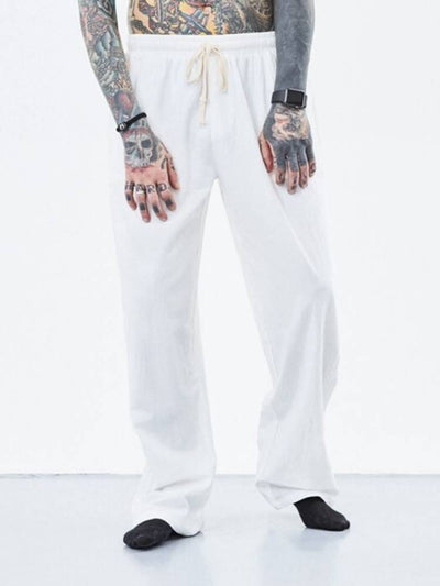 loose straight linen style pants Pants coofandystore White M 