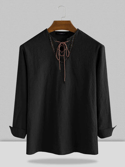 Casual Drawstring Printed V-Neck Long Sleeve Shirt coofandystore 