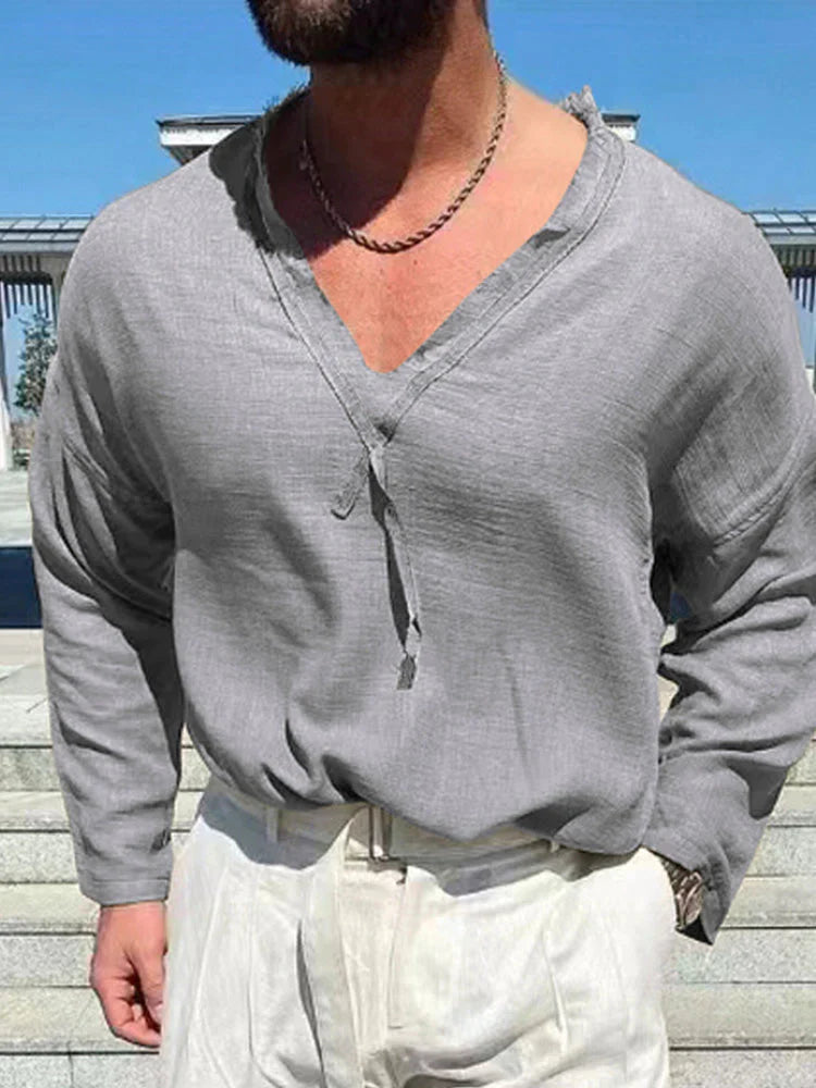 Linen Style V-neck long-sleeved shirt Shirts coofandystore Grey M 