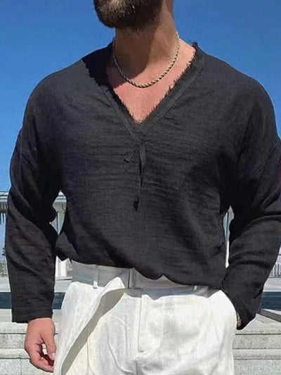 Linen Style V-neck long-sleeved shirt Shirts coofandystore Black M 